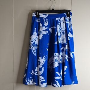 Womens Pleated Blue Floral Print Flare Skirt Jieru Small